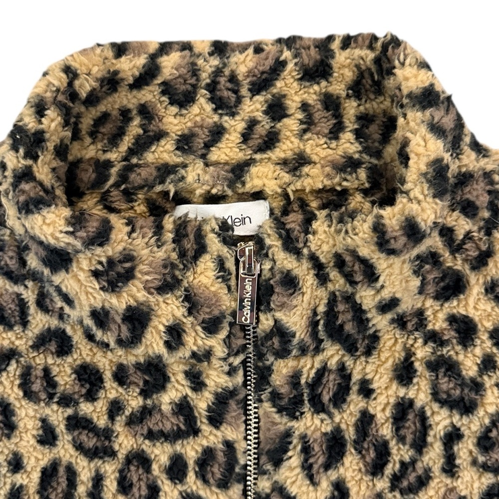 Calvin Klein Leopard Fleece Vest Sherpa Zip Pockets Size Large - Picture 3 of 14